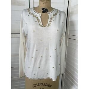 Designers Originals Luxelon Women’s Pullover Sweater Cream Gold Beads Sz Large